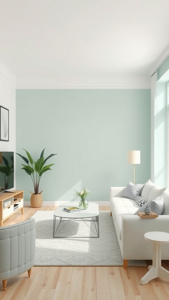 Living room with mint green walls and white furniture