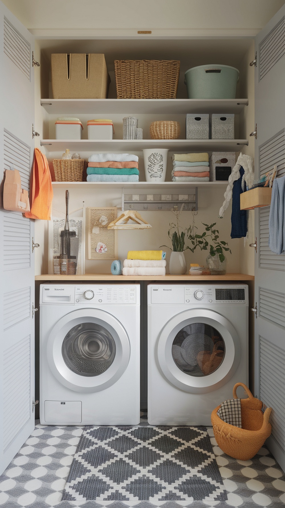A well-organized laundry room featuring two washing machines, overhead cabinets, and neatly arranged towels and baskets.