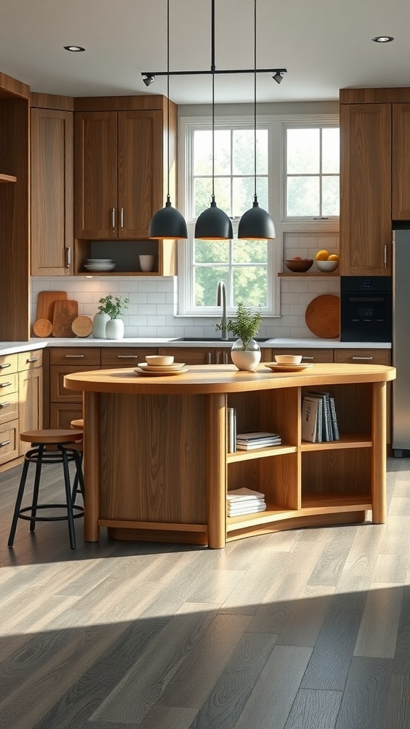 Wooden kitchen island dining table with seating, featuring a sink and open shelving