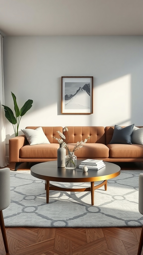 A cozy living room featuring a round center table, blue sofas, and stylish decor.