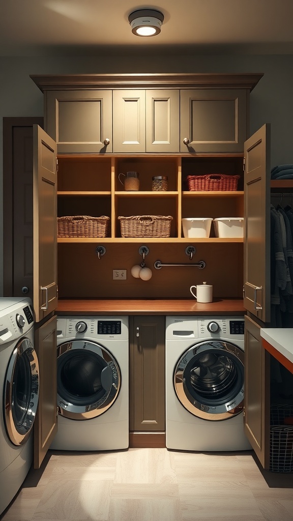 Laundry room with hidden cubbies in cabinets, featuring organized storage and modern appliances.