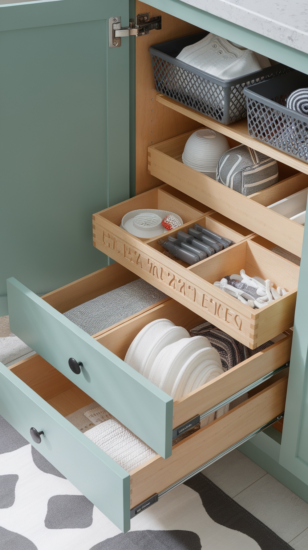 Organized laundry room cabinet with in-drawer organizers