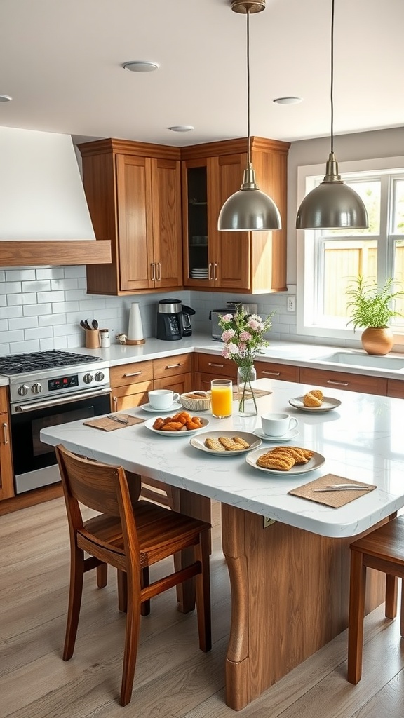 A modern kitchen with a breakfast bar concept, featuring a stylish kitchen island dining table set with pastries and beverages.