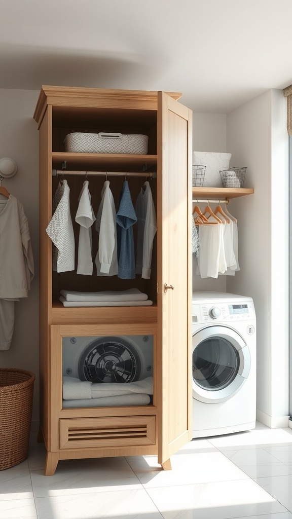 A wooden drying cabinet with hanging clothes and folded towels, next to a washing machine in a bright laundry room.