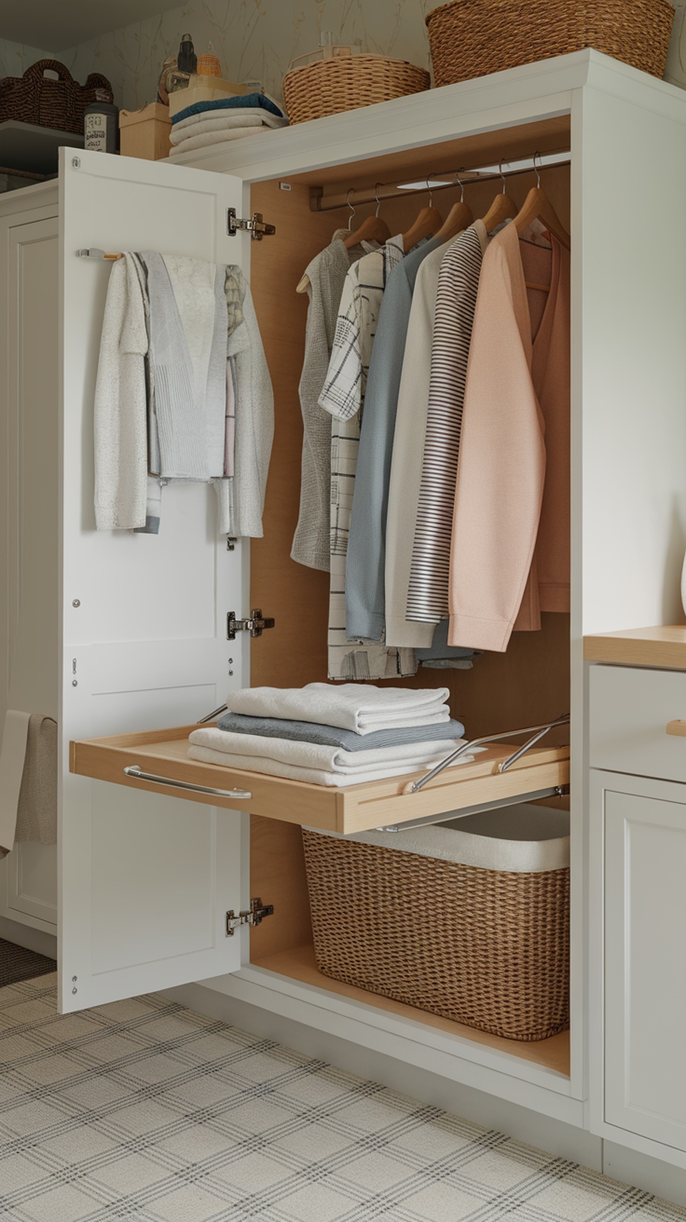 A laundry room cabinet featuring a folding station with neatly stacked towels and hanging clothes.