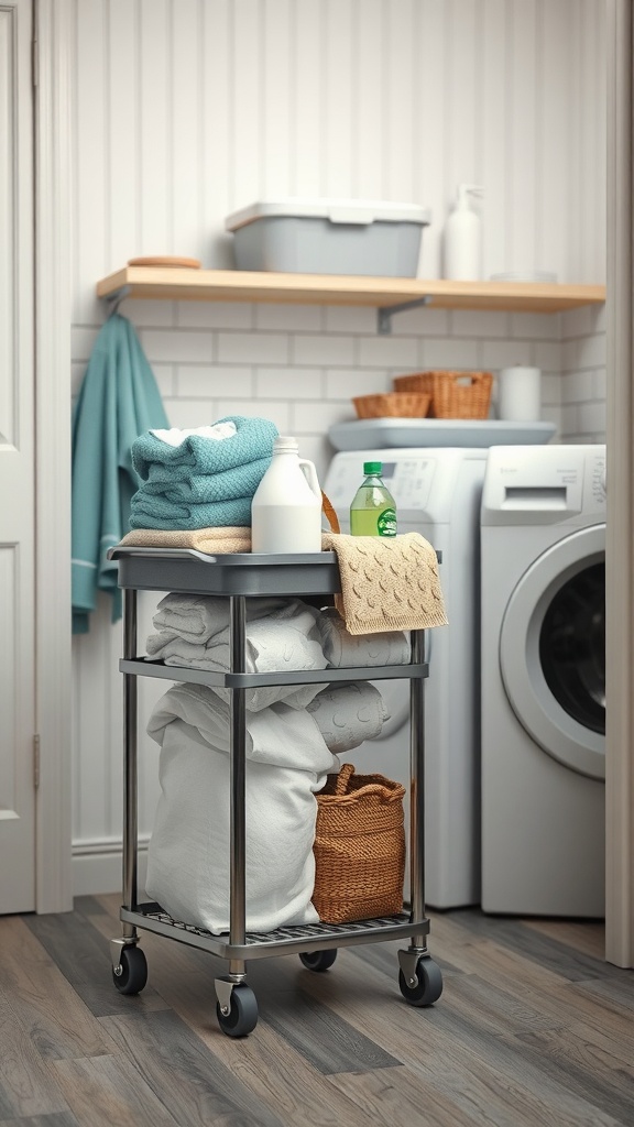 A rolling cart in a laundry room filled with towels and detergent