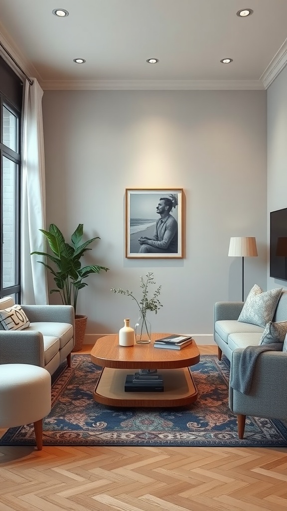 Cozy Scandinavian living room with a wood coffee table and blue sofas.
