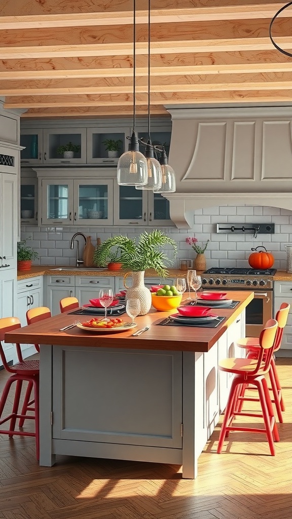 A bright kitchen with a colorful island and red chairs, featuring a wooden countertop and stylish decor.
