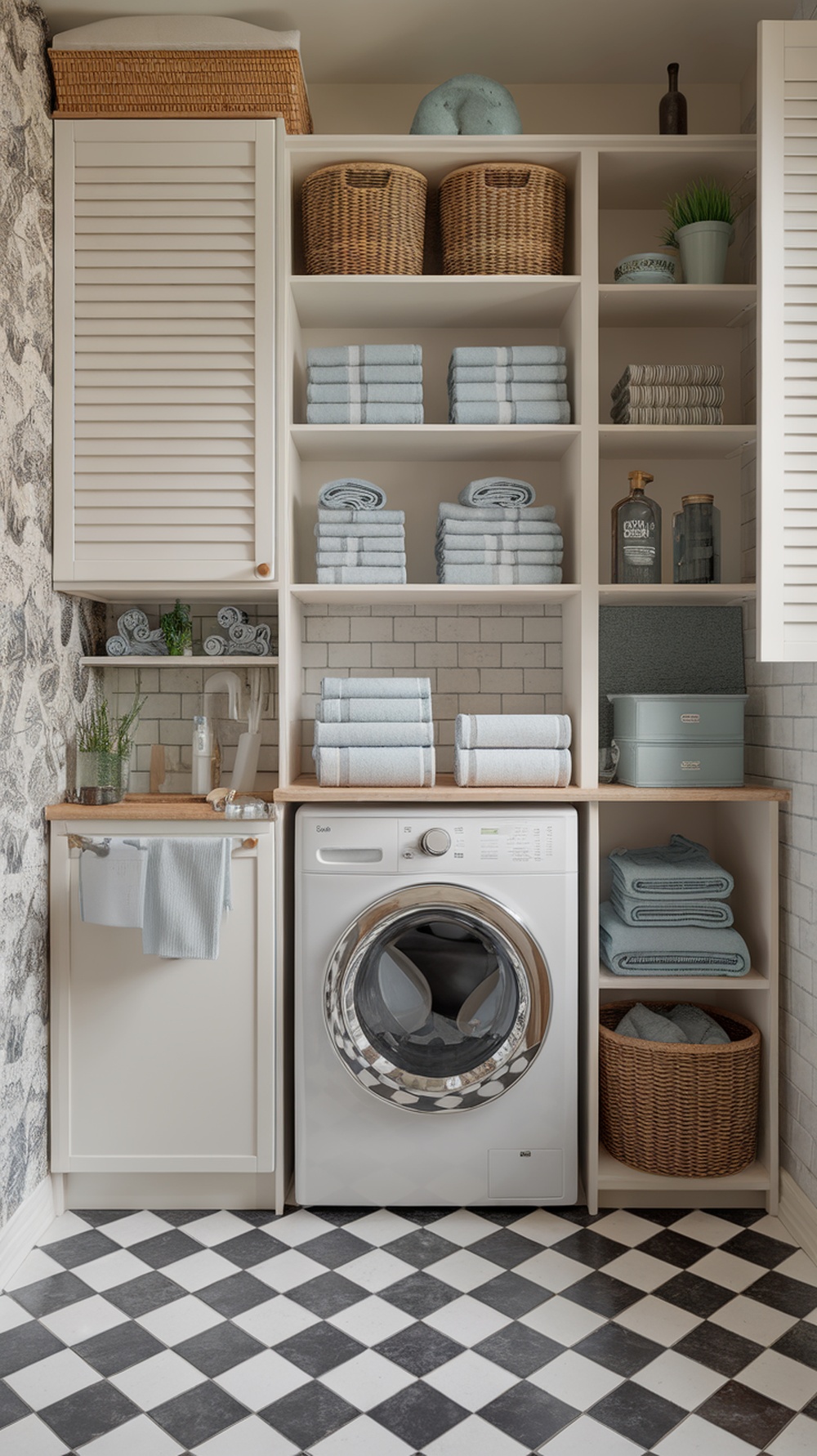 A stylish laundry room featuring open shelving, neatly stacked towels, and organized storage baskets.