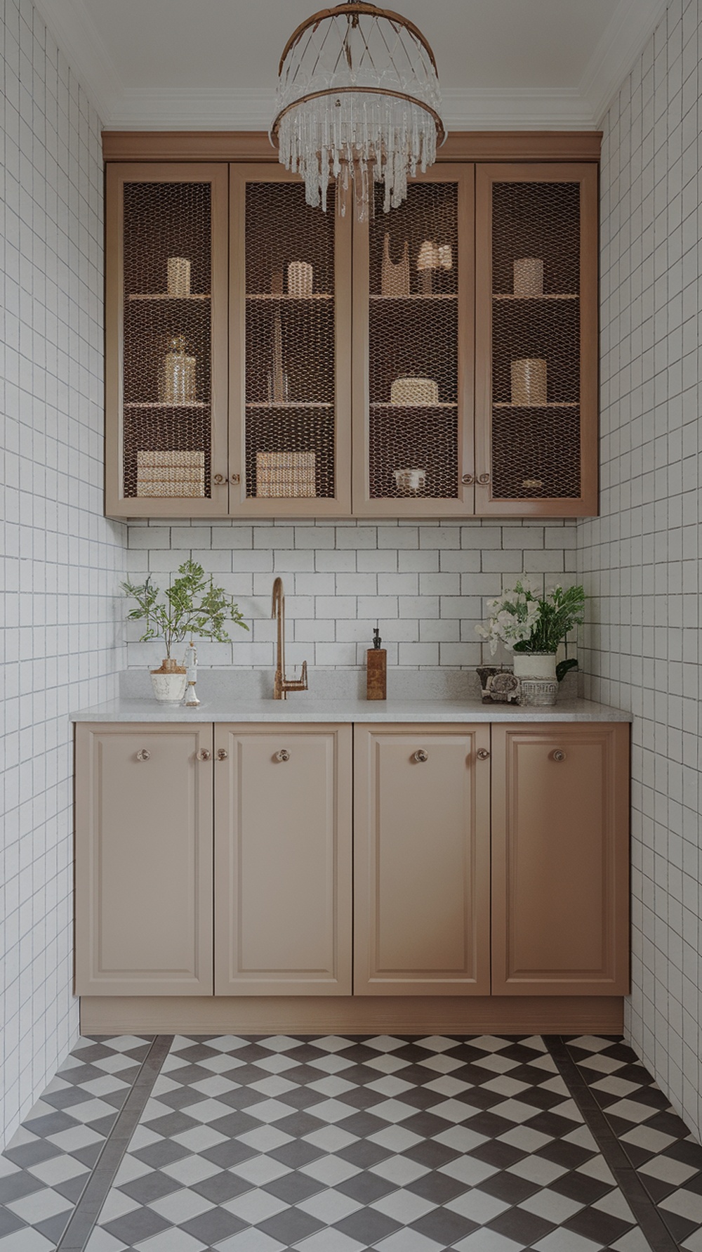 Stylish laundry room cabinets with mesh doors and patterned flooring