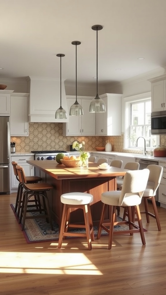 A modern kitchen featuring a kitchen island with three wooden stools, surrounded by dark cabinetry and a stylish decor.