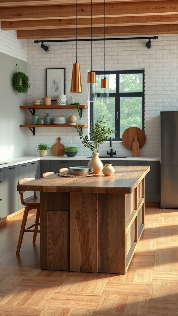 A modern kitchen featuring a wooden island with seating, sustainable decor, and natural light.