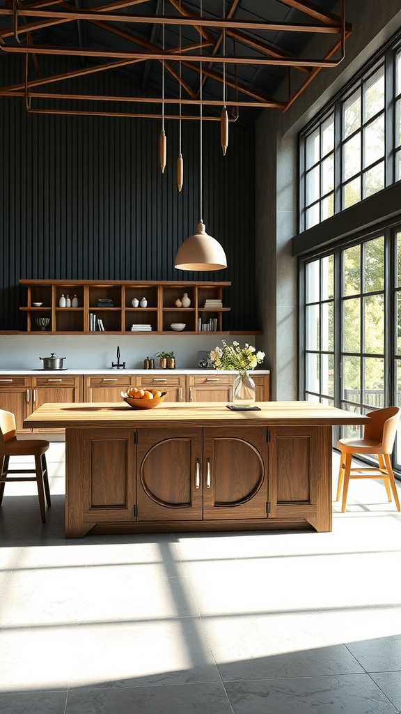 A modern kitchen featuring a wooden island dining table with seating