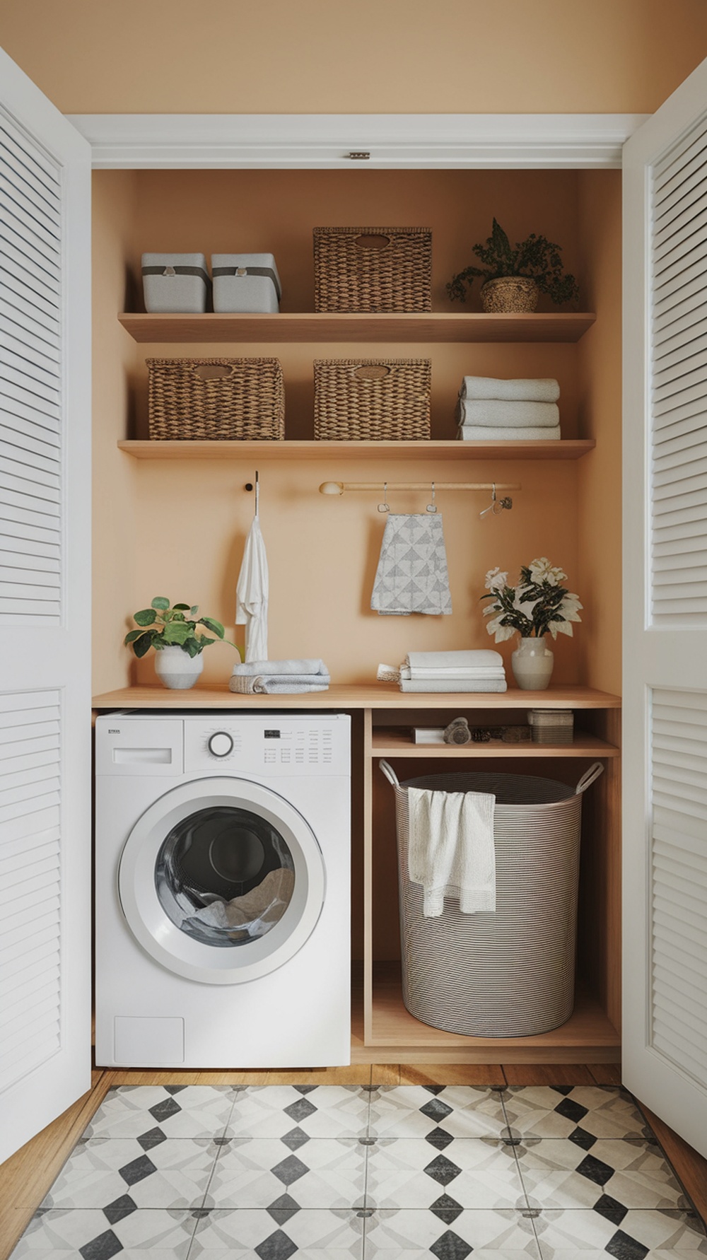 A functional laundry room with built-in hampers and shelving, showcasing a washing machine, woven baskets, and neatly folded towels.