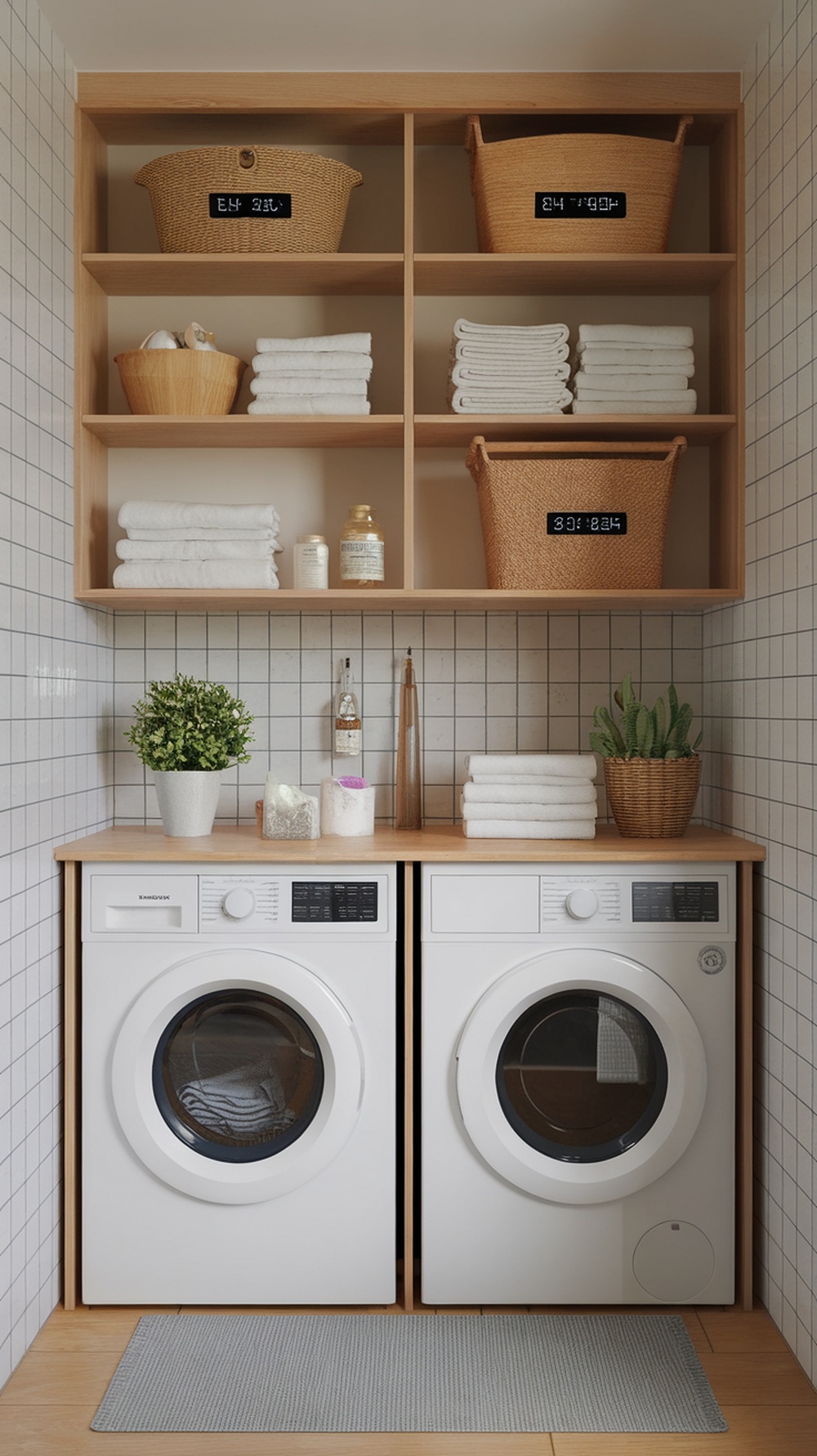 A modern laundry room with cabinets, labeled baskets, and neatly arranged towels next to a washer and dryer.