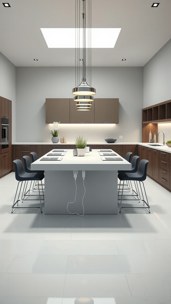 Modern kitchen with a sleek kitchen island dining table and seating, featuring built-in power outlets and stylish design.