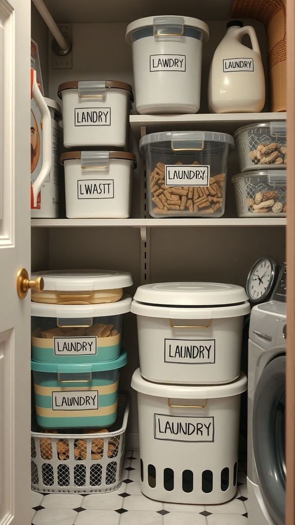 An organized laundry room shelf with clearly labeled containers for laundry items.