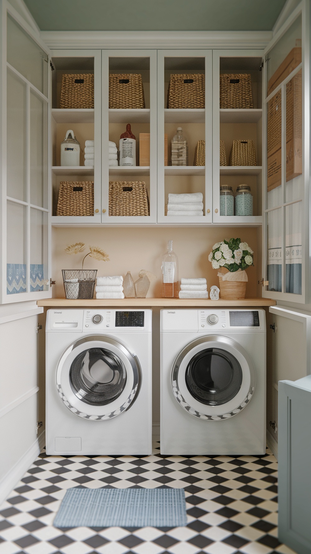 Modern laundry room featuring glass-front cabinets, organized towels, and baskets, creating a stylish storage solution.