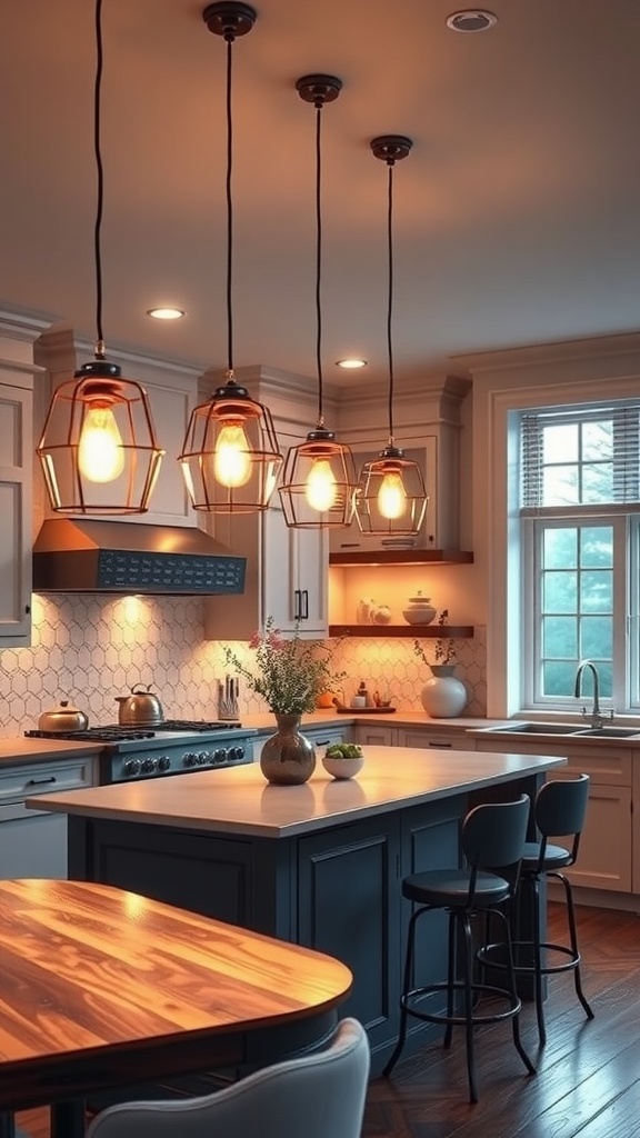 A modern kitchen with pendant lighting above a kitchen island dining table.