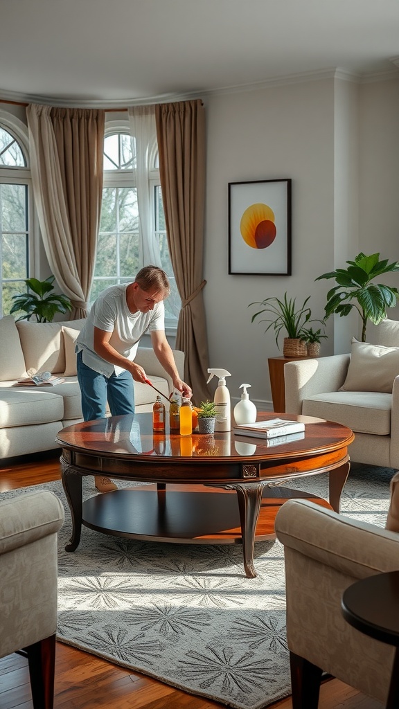 A person cleaning a wooden center table in a bright and stylish living room.