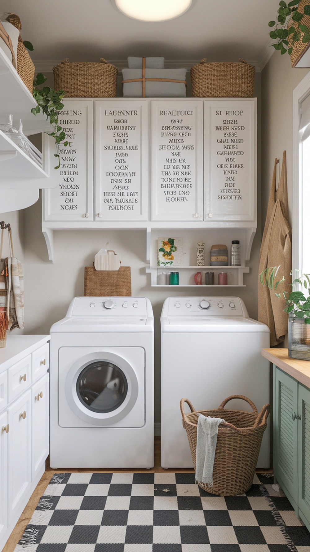 A well-organized laundry room featuring white cabinets, a washer and dryer, storage baskets, and a stylish rug.