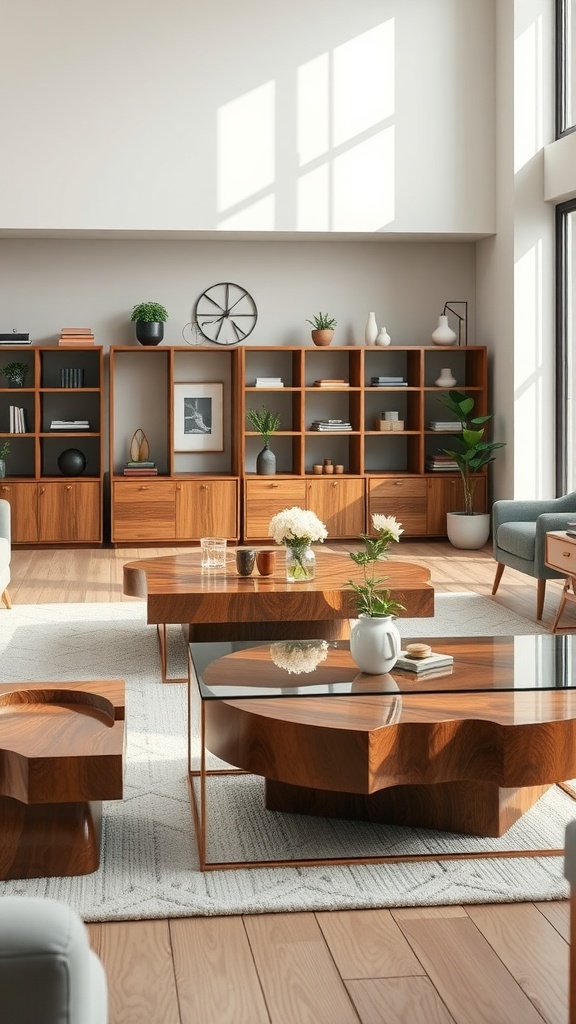 A stylish living room featuring unique wooden center tables with a warm and inviting atmosphere.