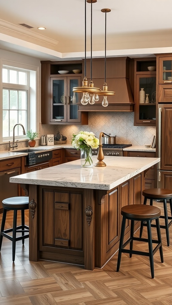 Stylish kitchen island dining tables with a mix of wood and metal materials