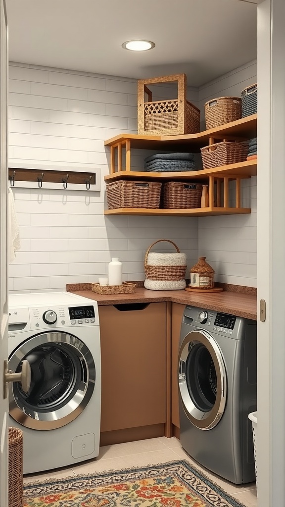 A cozy laundry room corner with two washing machines, wooden shelves, woven baskets, and a decorative rug.
