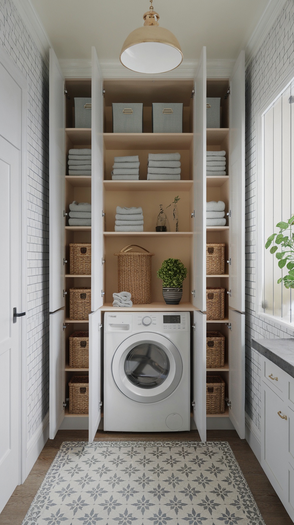 A modern laundry room with tall cabinets organized with towels and baskets.
