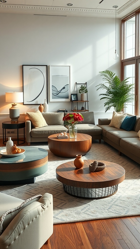 Stylish living room with multiple center tables in different styles and materials.