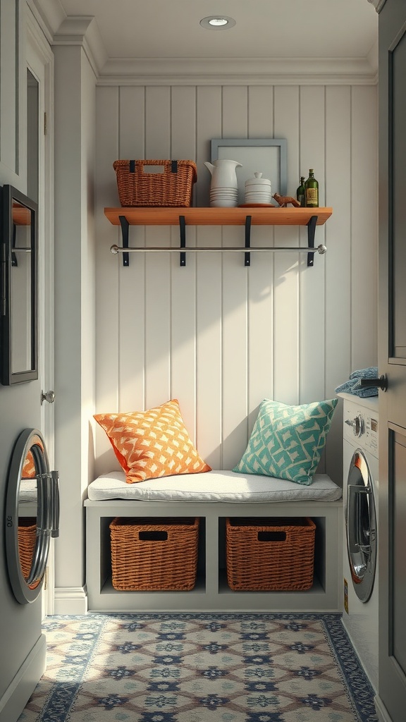 A bright laundry room with a cozy bench, storage baskets, and decorative pillows.