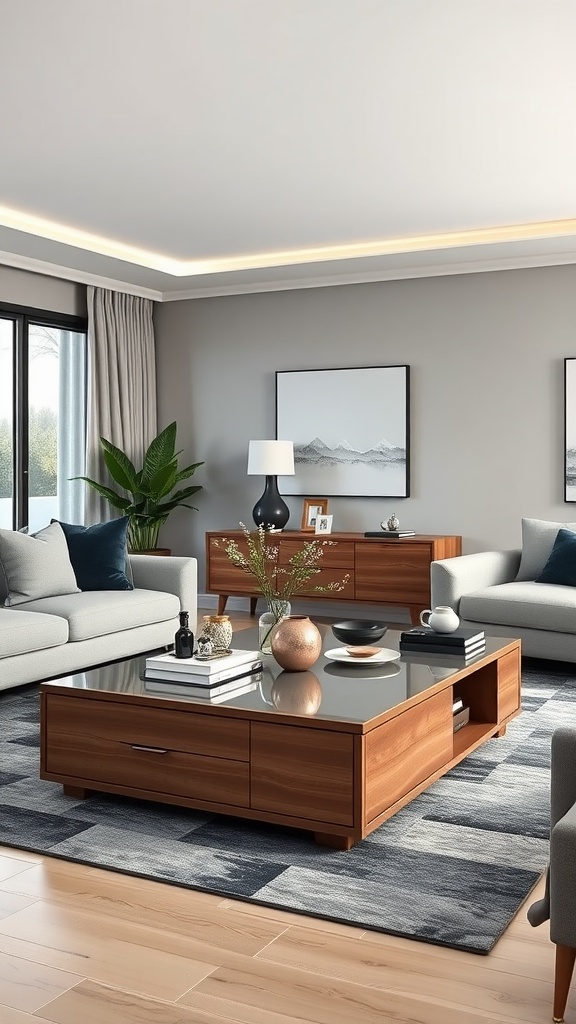 A modern living room with a stylish center table, featuring a sleek wood finish and glass top, complemented by blue sofas and a cozy atmosphere.