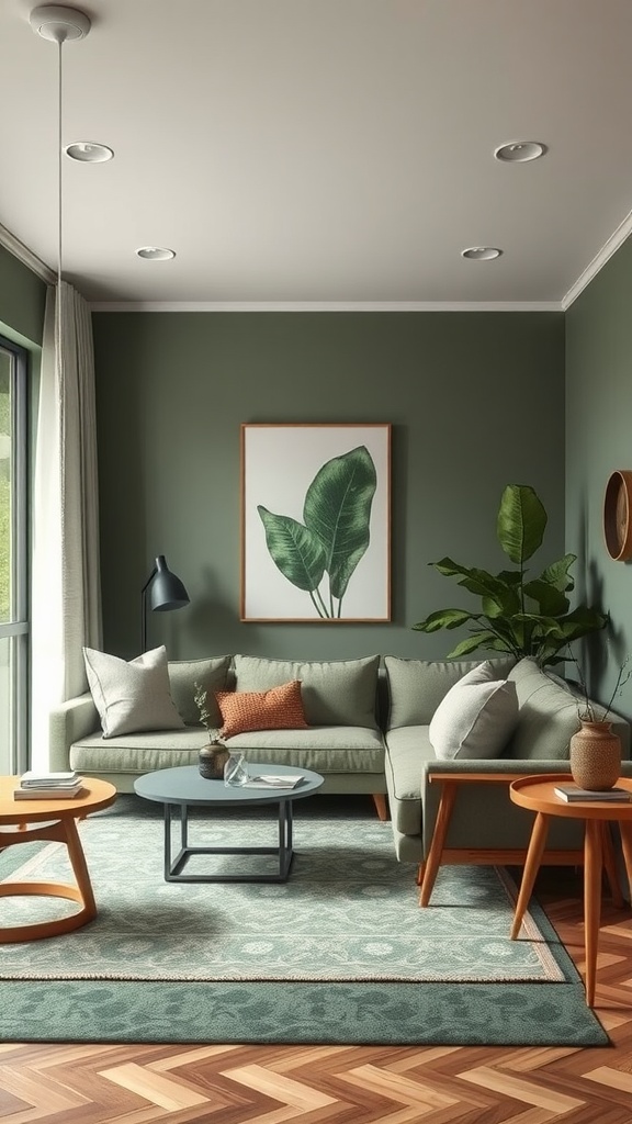 A living room featuring muted green walls, a green sofa, wooden coffee tables, and a plant, creating a cozy atmosphere.