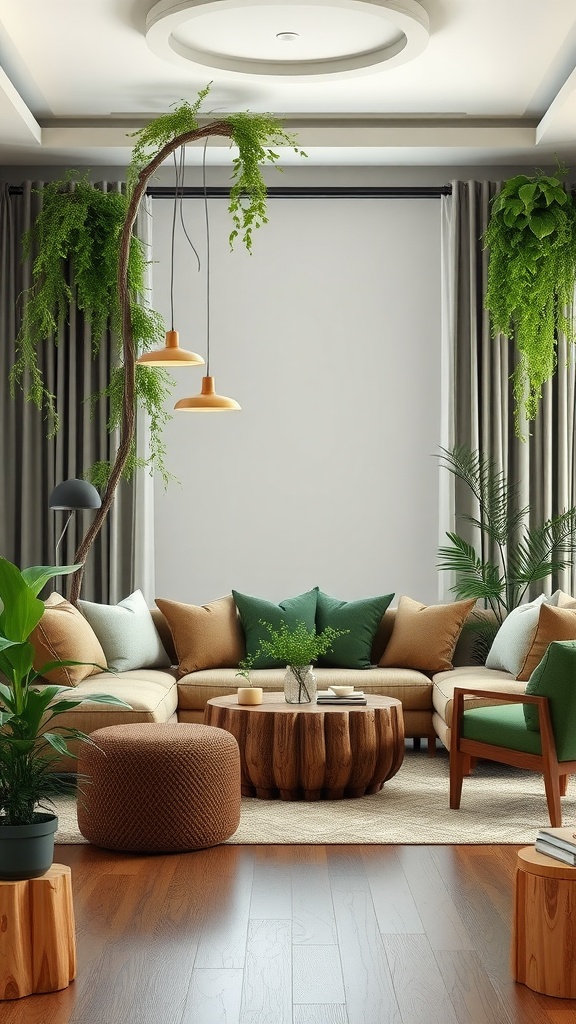 A modern living room featuring nature-inspired greens and browns, with a cozy couch, wooden coffee table, and lush plants.