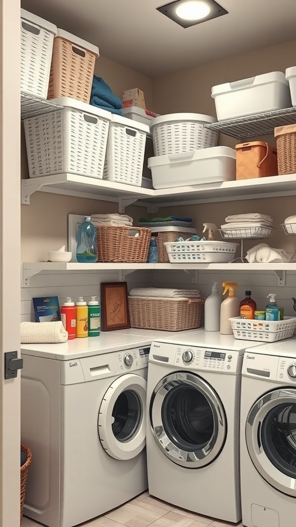 A well-organized laundry room with shelves holding storage baskets and laundry supplies above the washing machines.