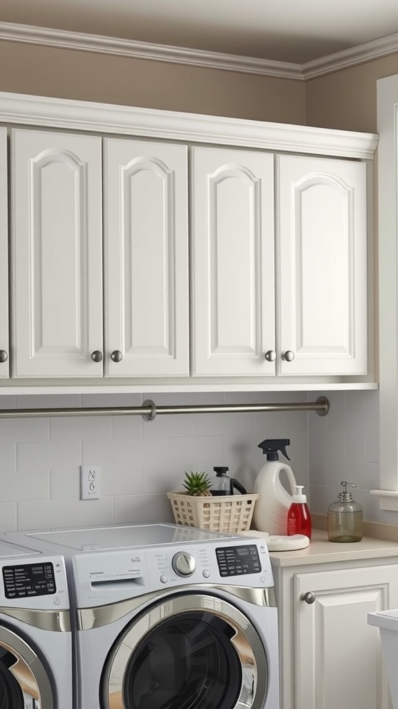 Overhead cabinets in a laundry room for organized storage
