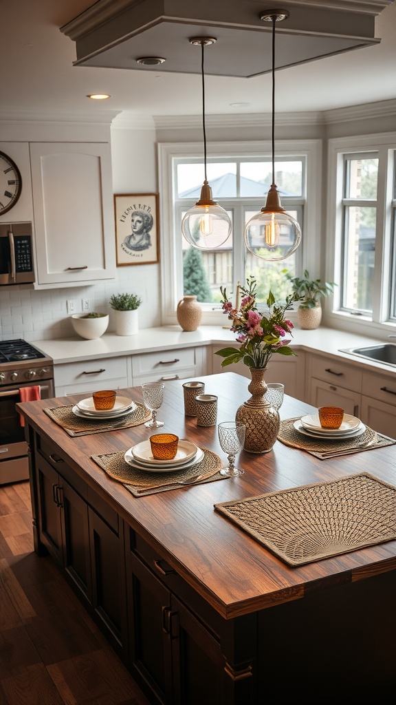 A beautifully set kitchen island dining table with decorative accessories and a warm wooden finish.