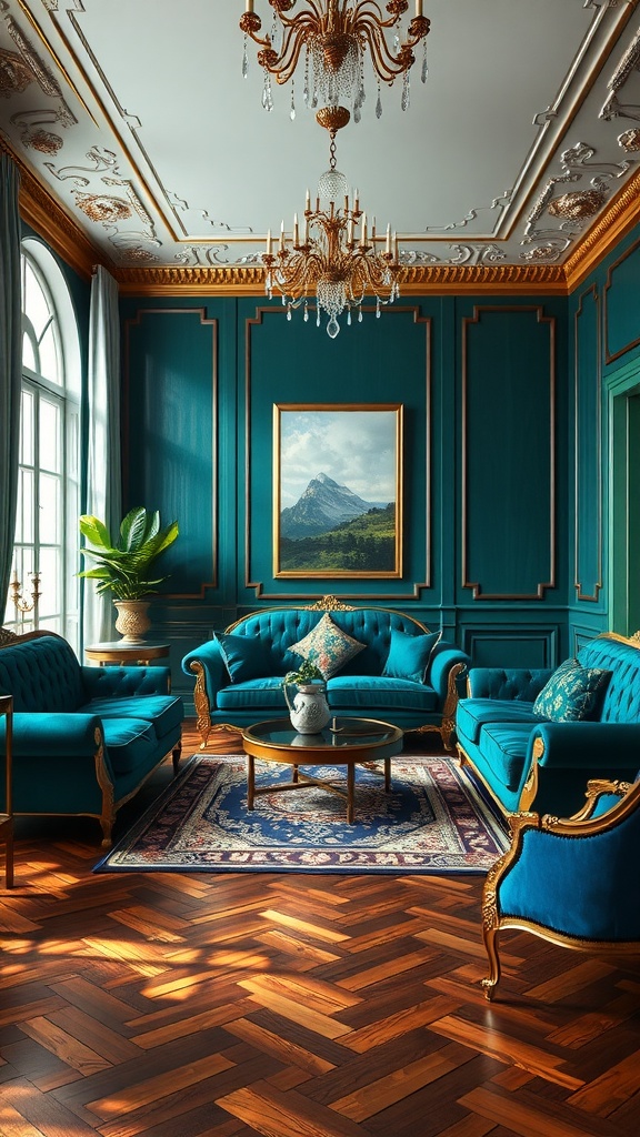 Luxurious living room featuring jewel tones, deep teal walls, and elegant furniture.