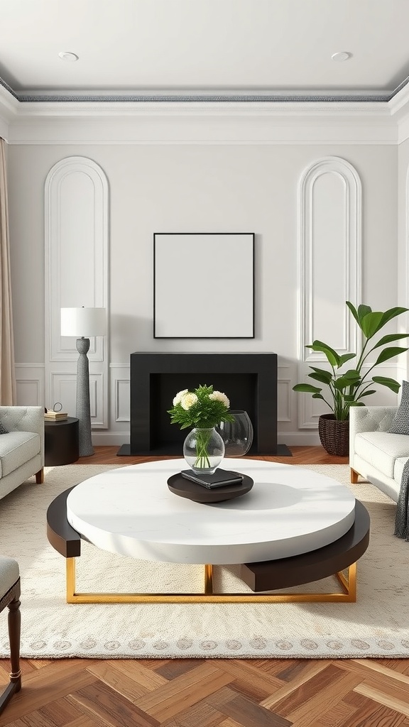A modern living room featuring a round center table, stylish sofas, and a cozy atmosphere.
