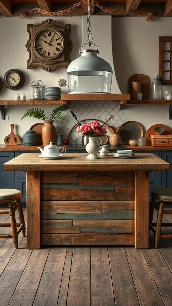 A rustic kitchen island dining table with wooden details, soft seating, and decorative items.