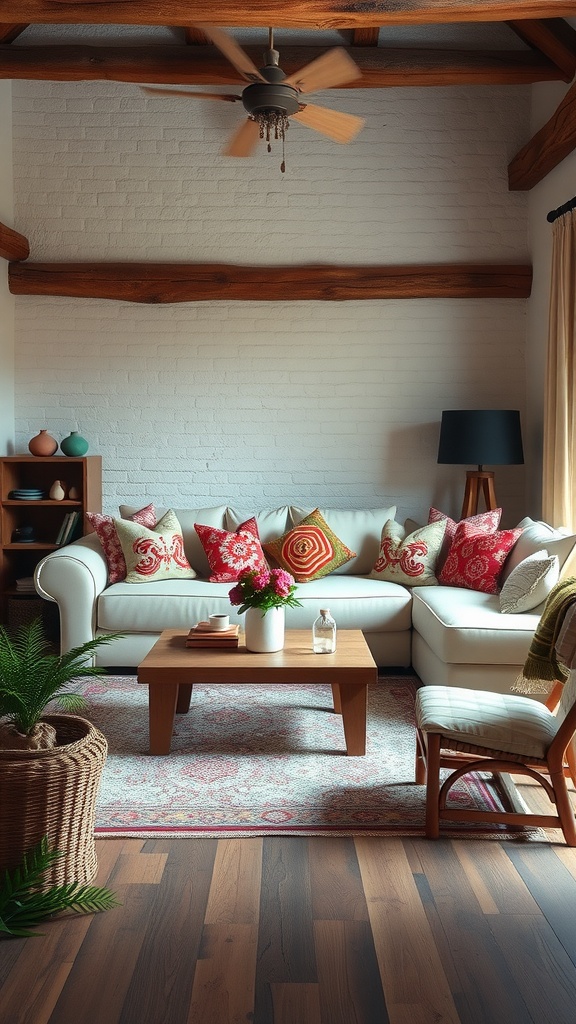 A cozy rustic living room with a white sofa, colorful accent pillows, wooden beams, and a potted plant.
