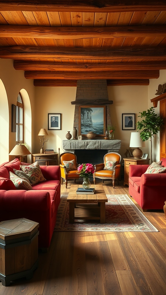 A living room featuring rustic red sofas, warm cream walls, wooden beams, and natural decor elements, creating a cozy and inviting atmosphere.