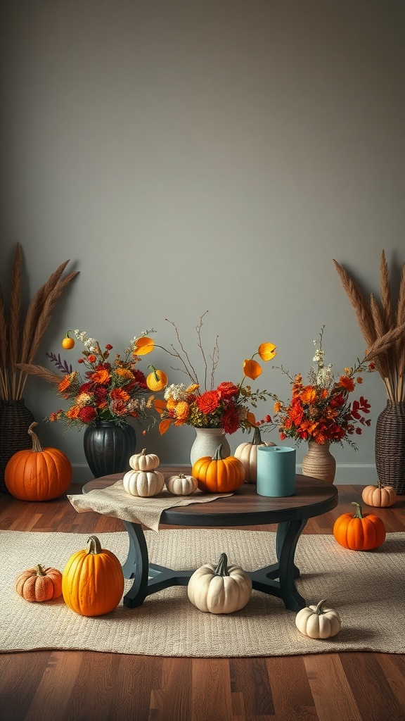 A cozy living room center table decorated for fall with pumpkins and flowers.