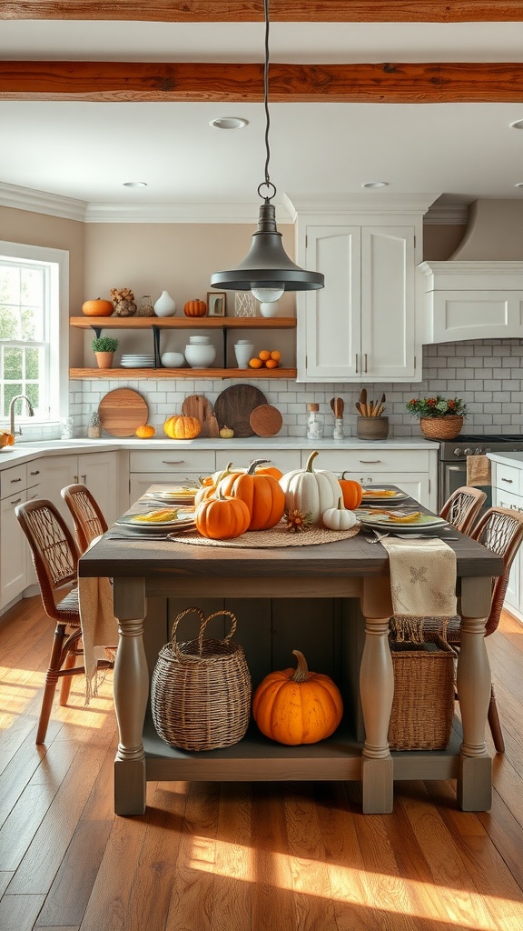 A cozy kitchen island dining table decorated with pumpkins and oranges, showcasing a warm autumn theme.