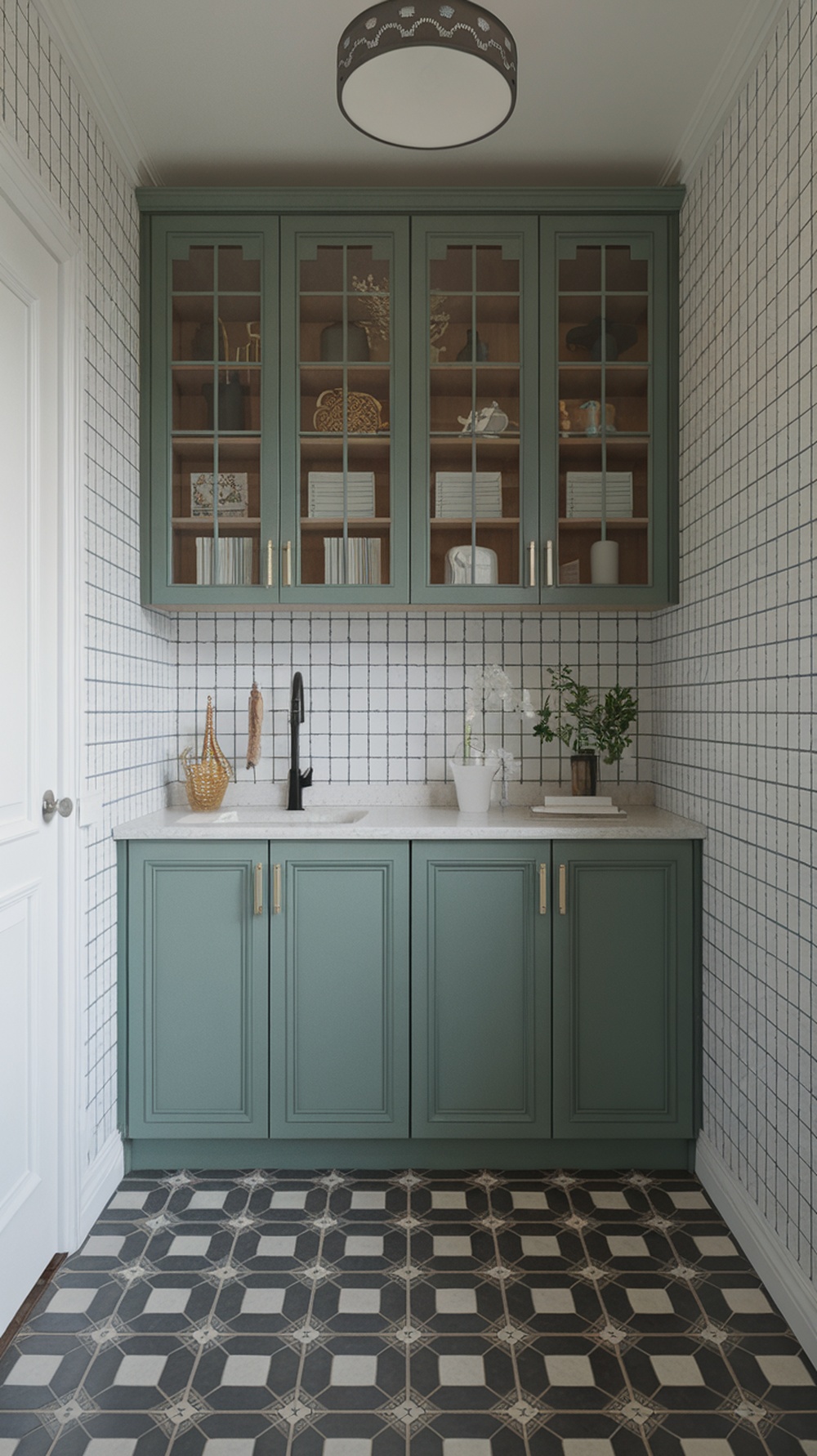 Stylish laundry room cabinets in green with glass doors and a patterned floor.