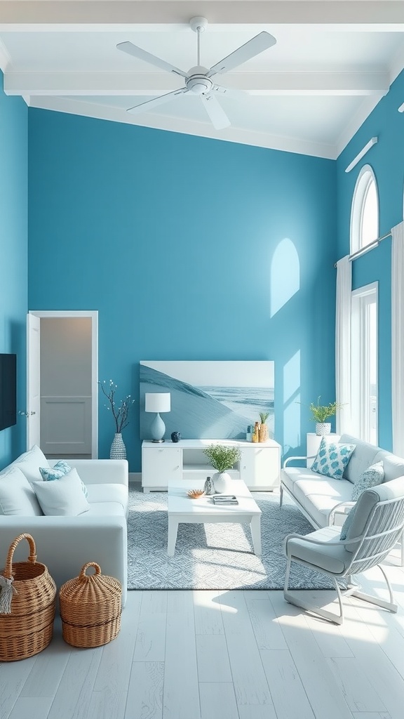 A serene blue and white living room with coastal decor, featuring a blue wall, white furniture, and large windows.