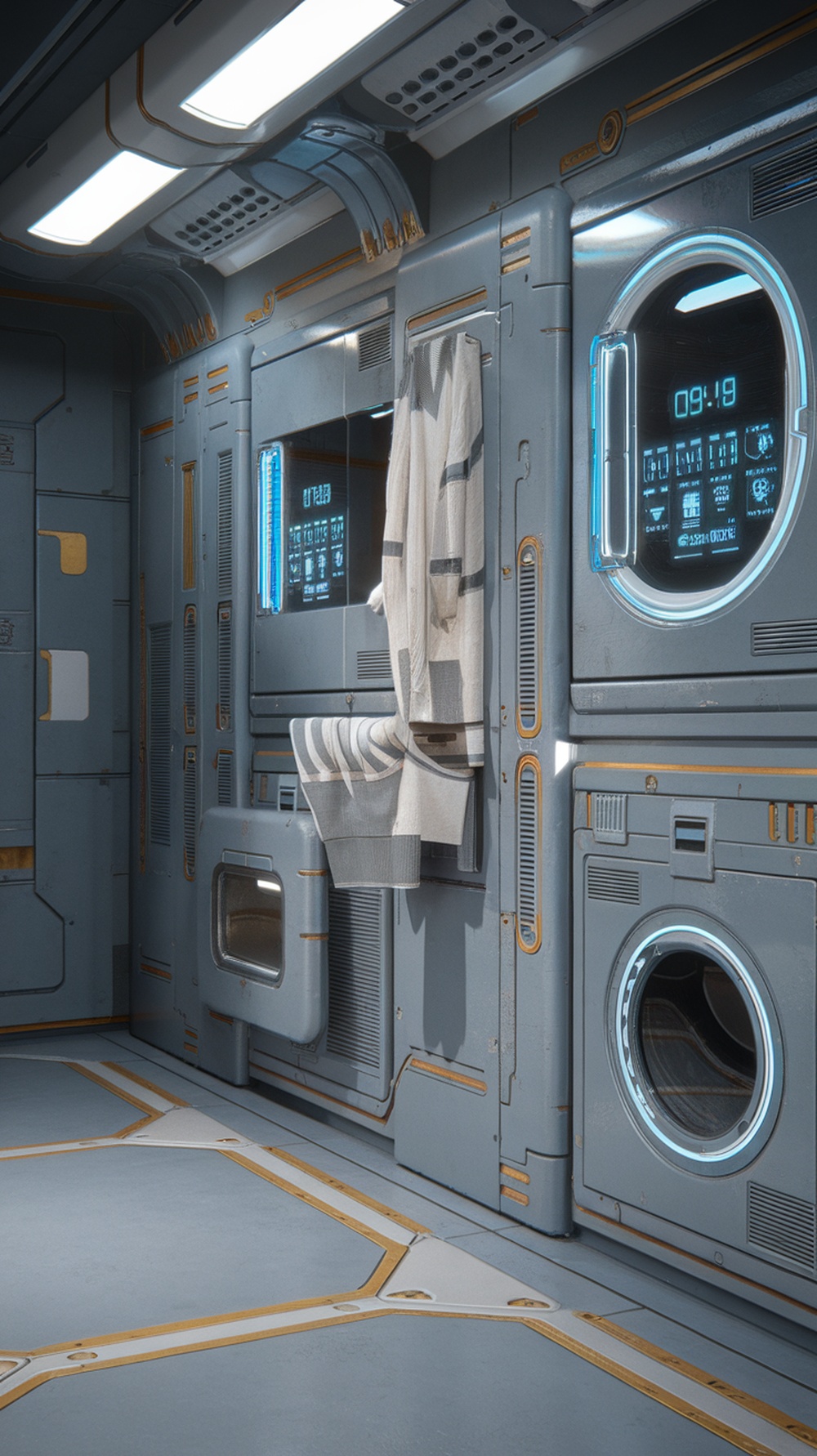 Futuristic laundry room with high-tech cabinets and smart features.