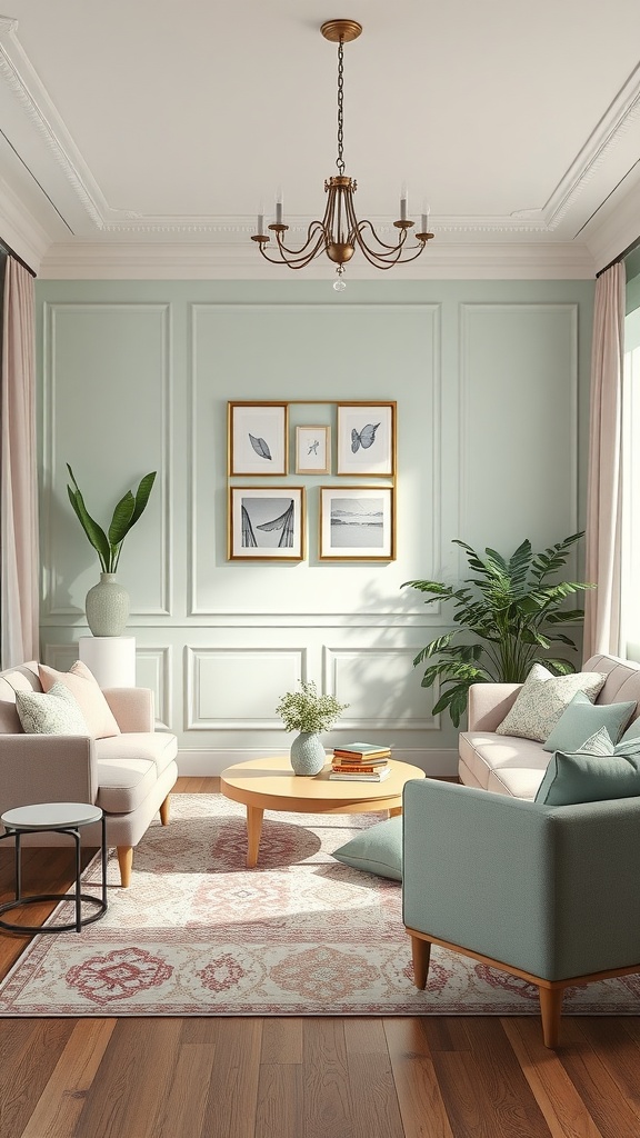 A soft pastel-themed living room with mint green walls, blush pink sofas, and a round wooden coffee table.
