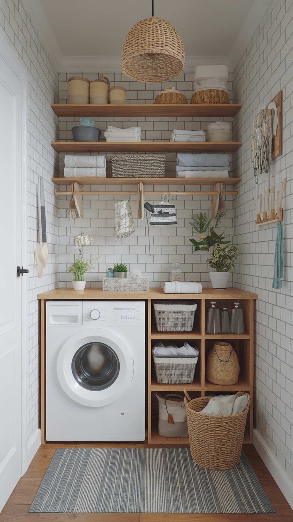 Stylish small laundry room with white washer, wooden shelving, and organized storage baskets.