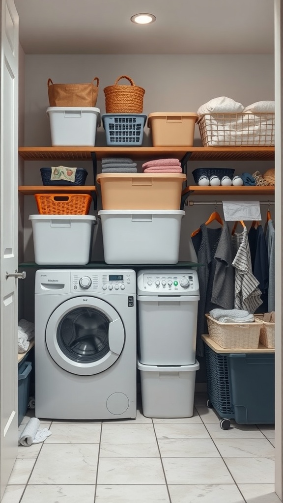 A well-organized laundry room with stackable storage solutions, featuring bins and baskets on shelves above the washer and dryer.